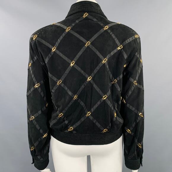 BRUNO MAGLI Size M Black Gold Suede Checkered Button Up Jacket - Picture 4 of 10